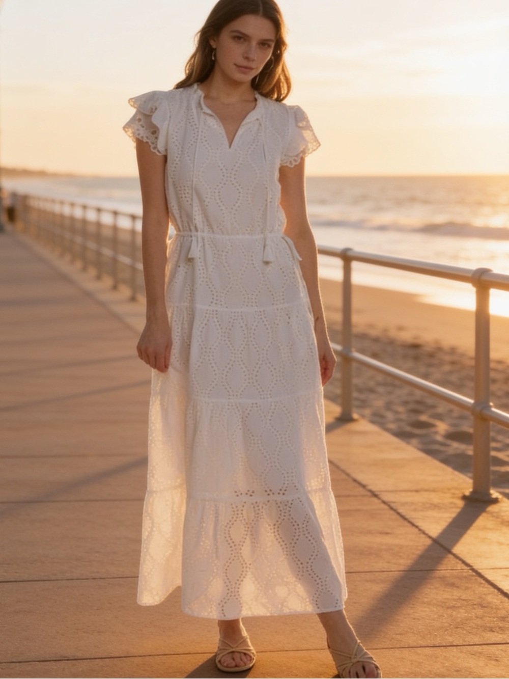 New J. McLaughlin Feminine Elena White Eyelet Maxi Dress Ruffle Sleeves Size XL - Picture 15 of 15